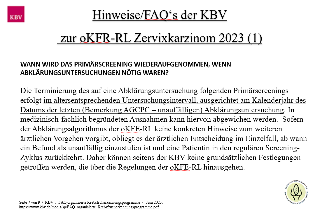 Hinweise FAQ der KBV zur oKFR-RL Zervixkarzinom 2023